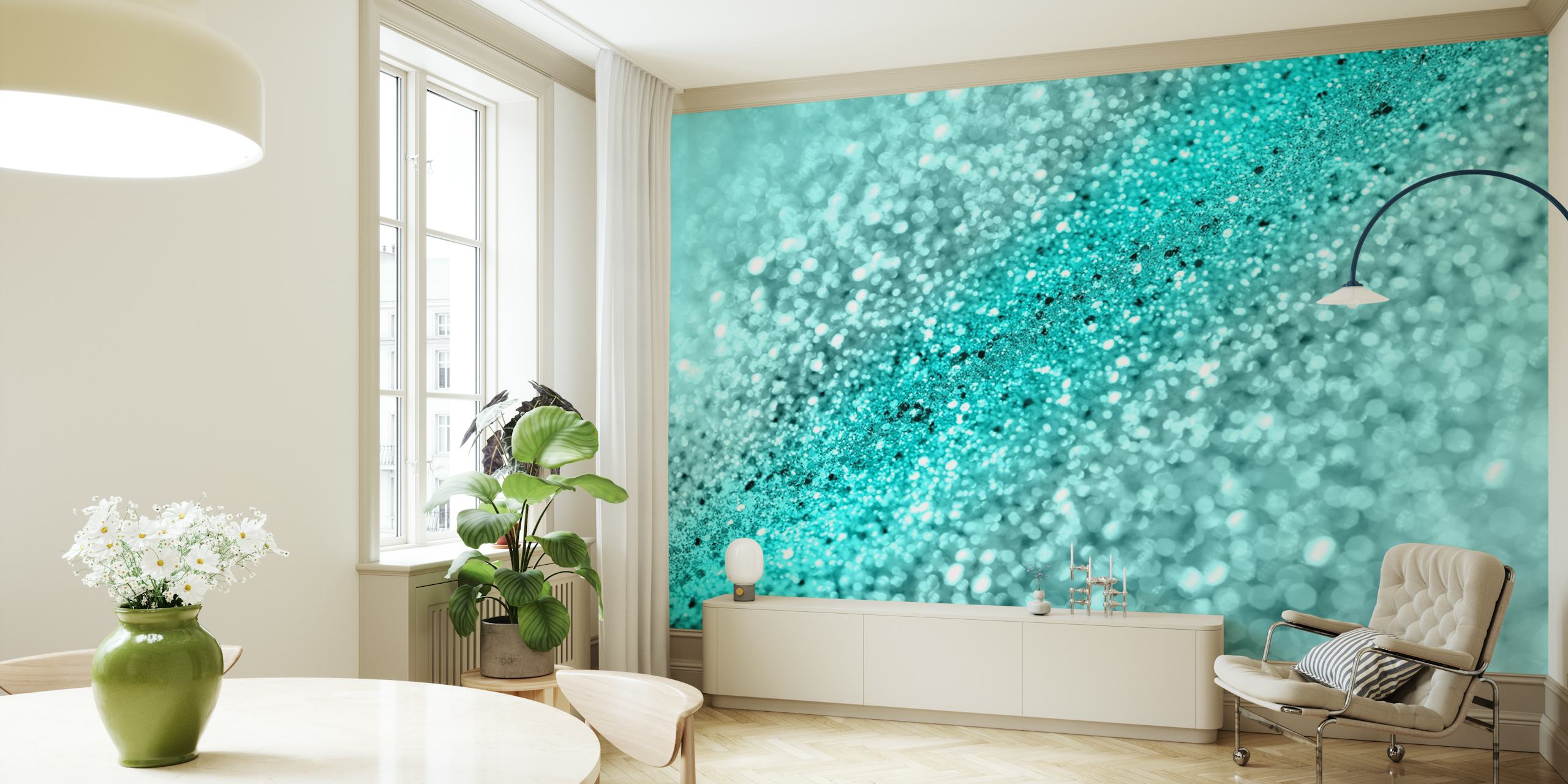 Aqua Ocean Bokeh Brokatowa fototapeta z błyszczącym turkusem i załamaniami światła